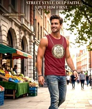 Trendy Unisex Street style - Put God First Tank Top. Sizes: M - XXL. Colors: Dark Red and Navy Blue. Brand: Christfellows.