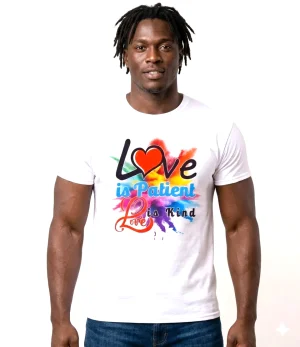 Classy Love is Patient, Love is Kind Unisex Tee. Sizes: M - XXL. Colors: White and Navy Blue. Brand: Christfellows.