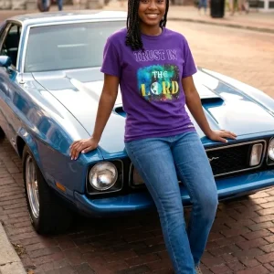 Classy Trust in the Lord Unisex Tee. Colors: White & Purple. Sizes: M - XXL
