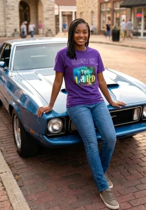 Classy Trust in the Lord Unisex Tee. Sizes: M - XXL. Colors: Purple and White. Brand: Christfellows.
