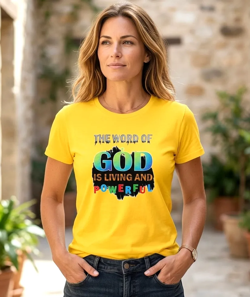 The Word of God is Living Unisex Tee. Colors: Yellow & White. Sizes: M - XXL