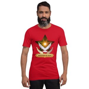 Justified by Faith” Premium Red Tee – Elevate Your Faith & Fashion – High-Quality Comfort