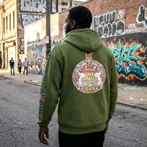 Premium Hoodie with medallion print - Give God all the Glory. Color: Army green. Sizes: M - XXL (Limited Edition)